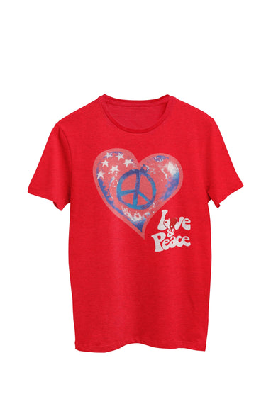 Red heather unisex t-shirt featuring the words 'Love' and 'Peace' with a large heart displaying red, white, and blue colors along with a blue peace sign, incorporating a Yin Yang symbol within the word 'love'. Designed by WooHoo Apparel.